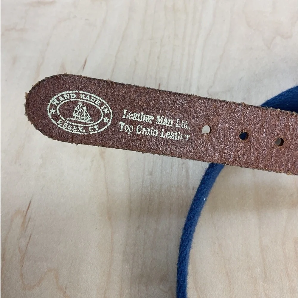 Leather Man Ltd Made in Essex CT Patriotic Flag Belt Leather and Navy Canvas 44